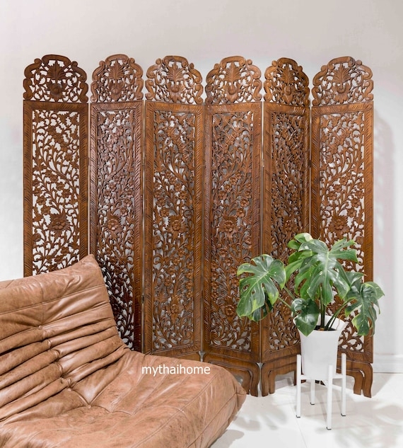 Carved Wood Screen featuring Intricate Floral Fretwork Design