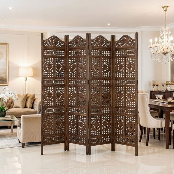 Carved Wooden Room Divider with Celestial Sun and Moon Folding Screen
