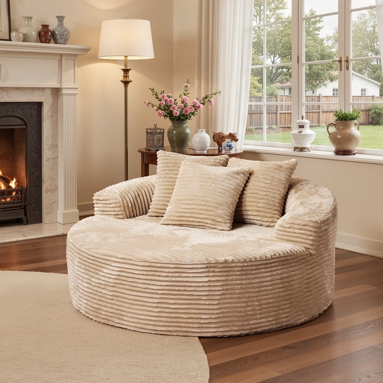 Chaise Lounge Oversized Round Beige Corduroy with Deep Seat
