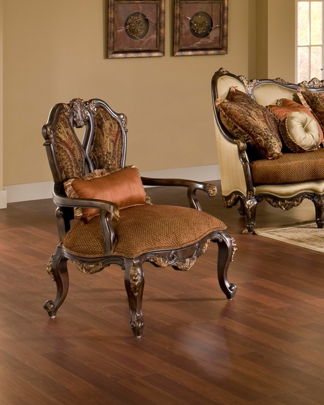 Champagne Gold Carved Armchair with Floral Backrest and Tufted Seat