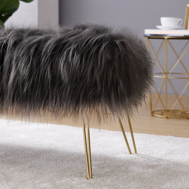Charcoal Black Shaggy Faux Fur Bench Gold Hairpin Legs