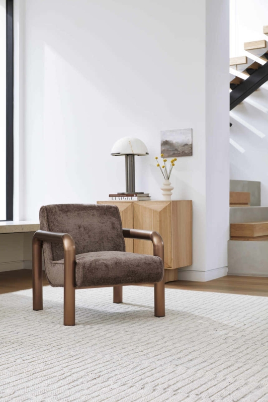 Charcoal Grey Accent Chair with Curved Back and Brass Metallic Frame