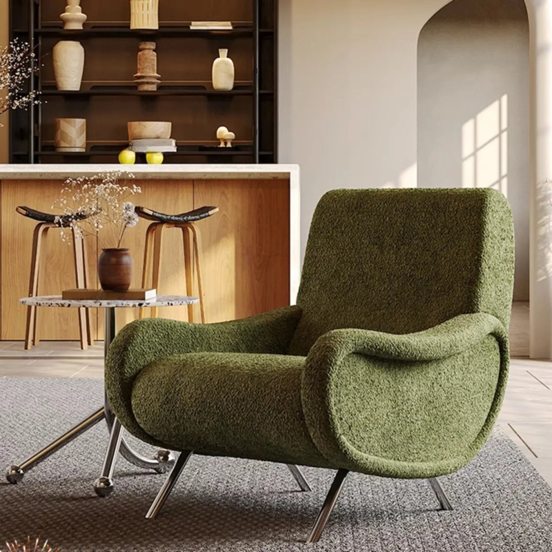 Chenille Accent Chair, Modern Curved Back & Chunky Legs