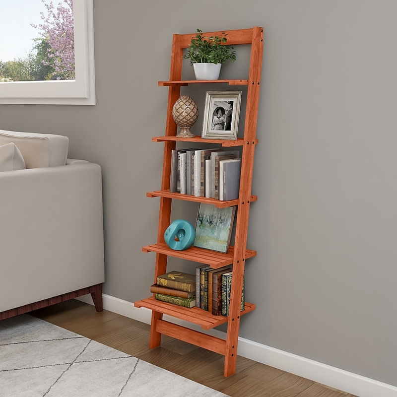 Cherry Wood Ladder Bookshelf Semi-Gloss Finish Five Tier Leaning