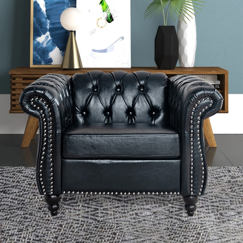 Chesterfield Accent Chair Black Leather-Like Rolled Arms Reading Nook