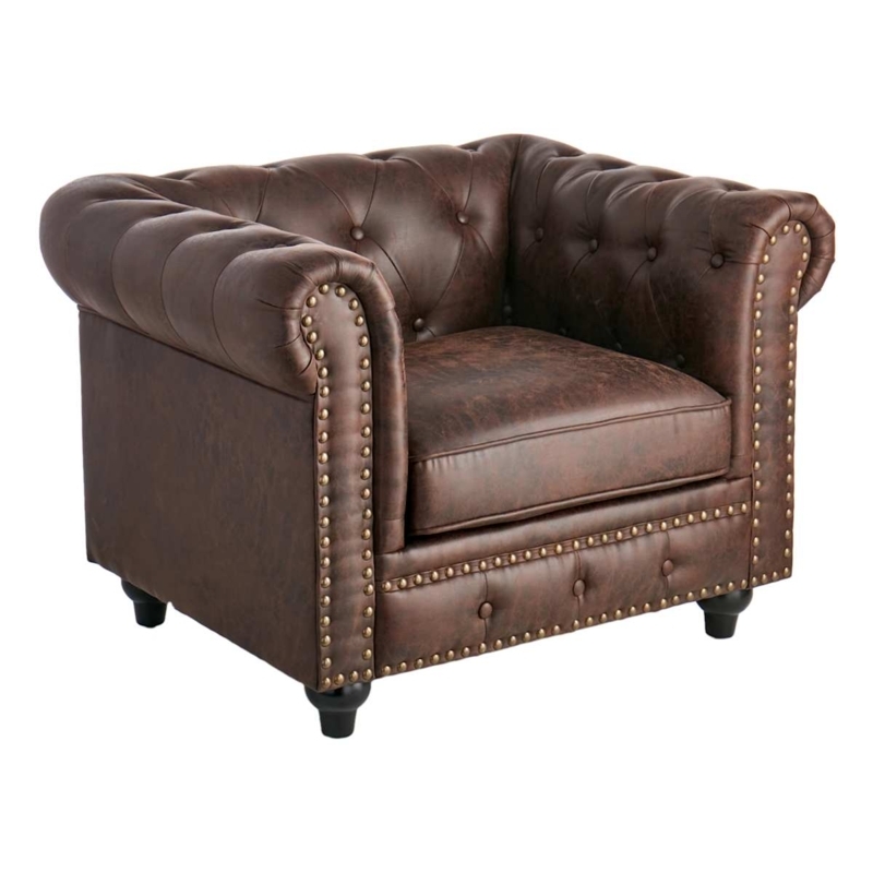 Chesterfield Accent Chair Traditional Brown Faux Leather Deep Button Tufting