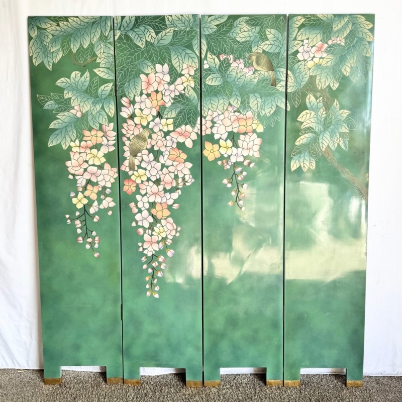 Chinoiserie Screen Hand Painted Botanical Bird Brass Feet