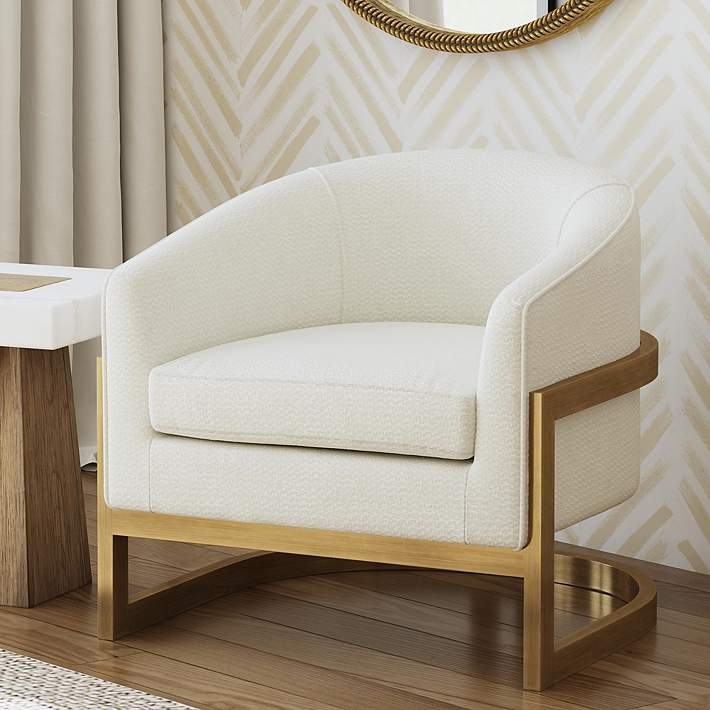 Chunky Knit Fabric Barrel Chair in Ivory White Upholstery
