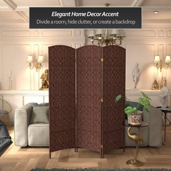 Classic Dark Red Woven Room Divider, 3-Panel Arched Diamond Screen