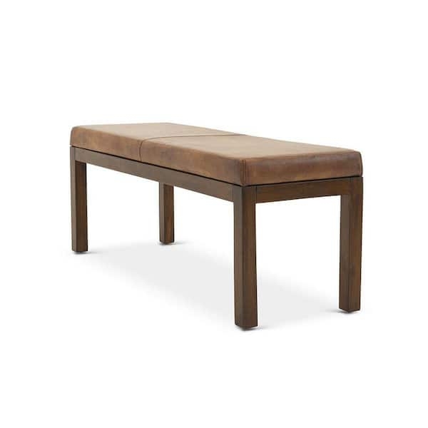 Clean Line Backless Bench, Tan Upholstery, Center Stitch, Block Legs