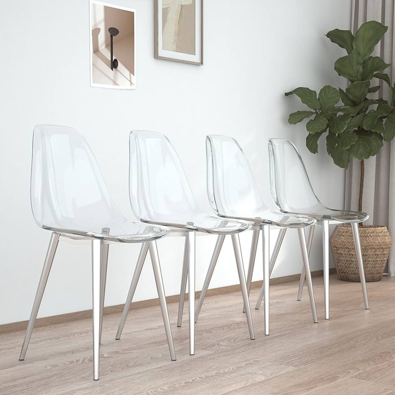 - Clear Acrylic Ghost Chairs 4 Dining Chairs- Modern Dining  Table Set, Cute Plastic Dinner Chair Set Armless Accent Side Desk Chair for  Vanity Banquet Indoor Outdoor (Silver, Chairs Set of