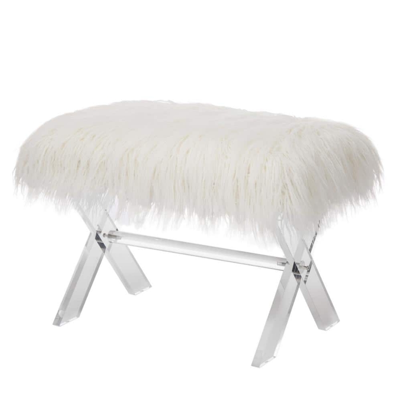 Clear X-Frame White Faux Fur Bench Acrylic Legs