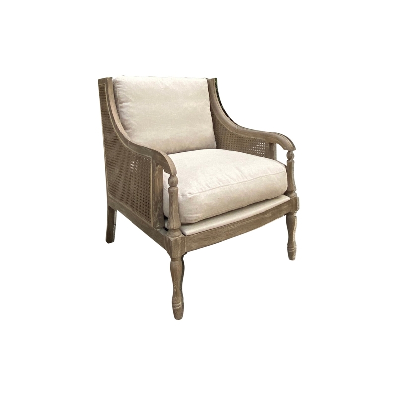 Club Chair, Espresso Wood Frame with Cane Sides and Cream Cushions