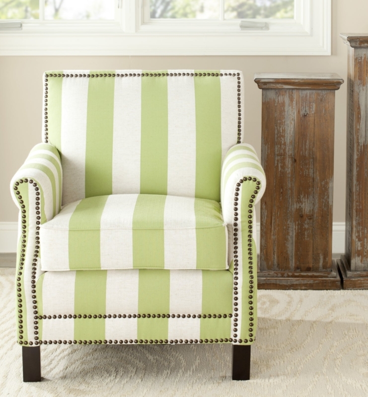 Club Chair, Traditional Beige Striped with Brass Nailhead Trim