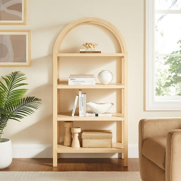 Coastal Arched Bookshelf with Woven Panel Cabinet Storage