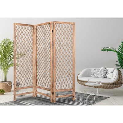 Coastal Bohemian Room Divider with Knotted Rope Netting and Wood Frame