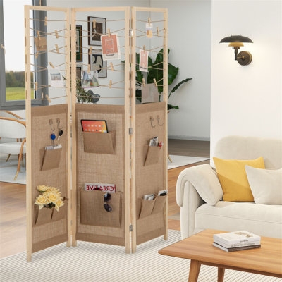Coastal Folding Room Divider with Burlap Panels, Storage Pockets