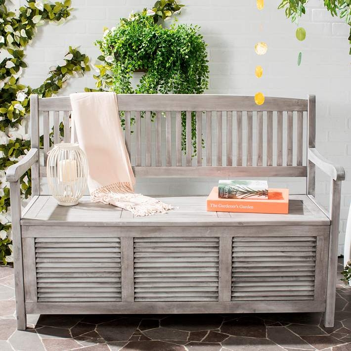 Coastal Outdoor Storage Bench with Louvered Panels and Slatted Back