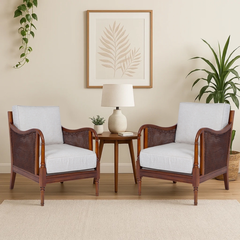 Coastal Rattan Accent Chair Set with Mahogany Wood Finish