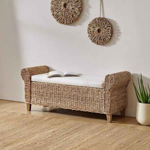 Coastal Storage Bench with Woven Rattan, Roll Arms and Flip Top