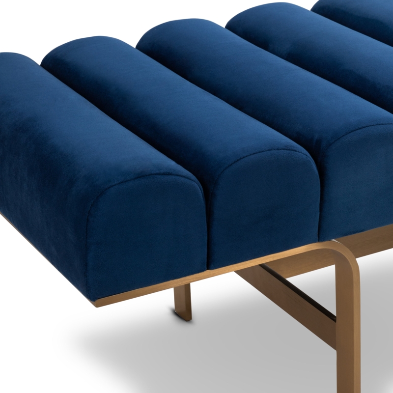 Cobalt Blue Velvet Bench Detail with Polished Brass Frame