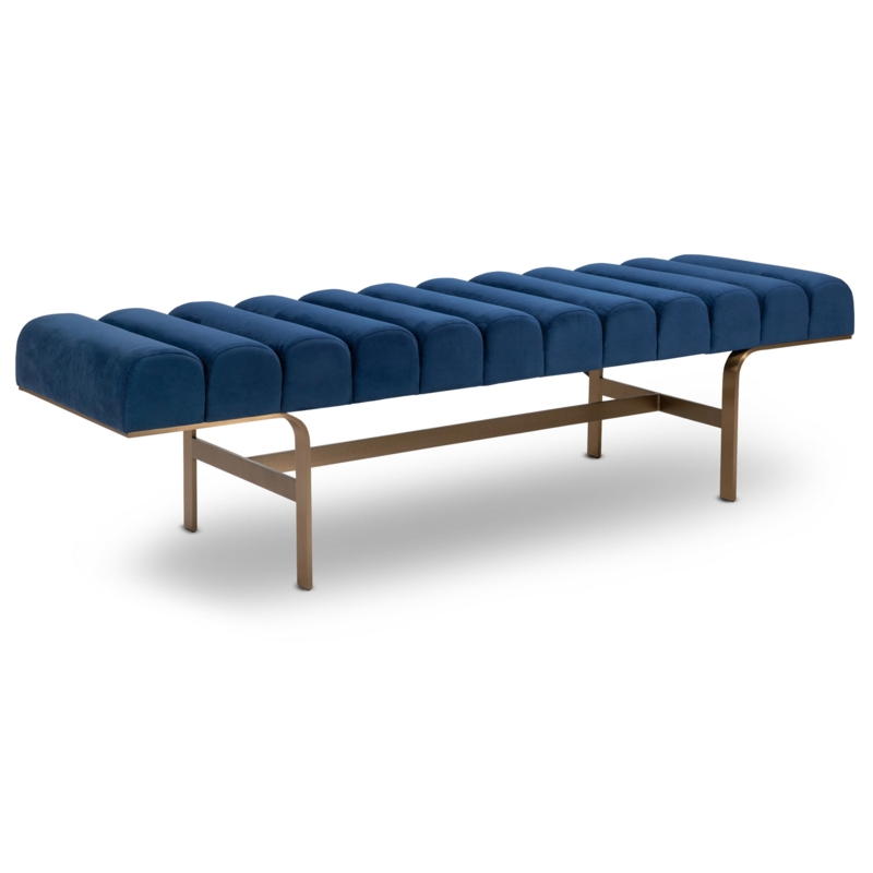 Cobalt Blue Velvet Bench with Polished Gold Sled Base