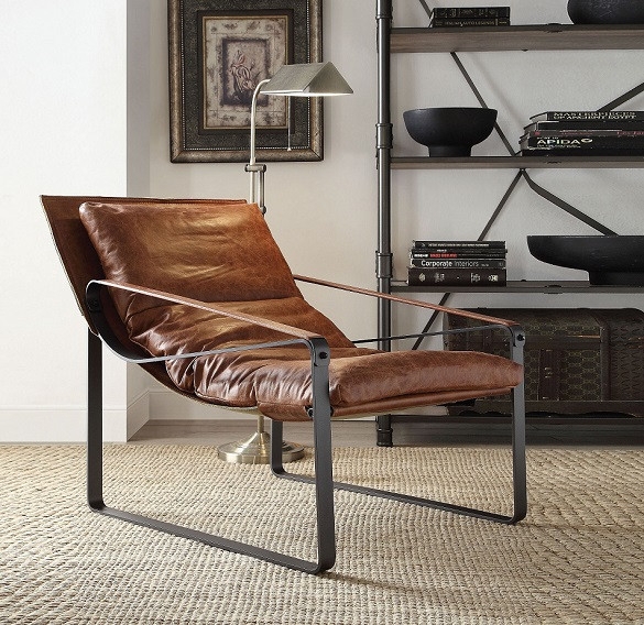 Cocoa Brown Leather Lounge Chair with Horizontal Channel Tufting