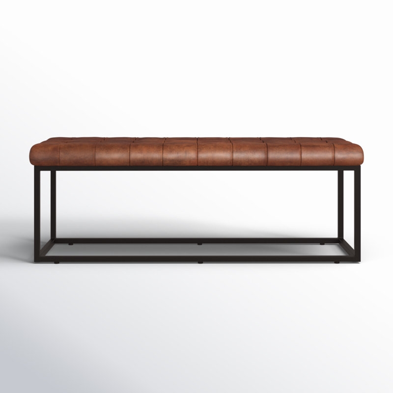 Cognac and Black Mudroom Bench, Tufted Seat, Minimalist Sled Base