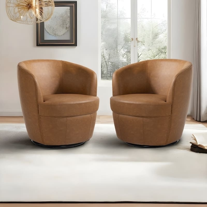 Cognac Faux Leather Swivel Barrel Chair with Channel Tufting