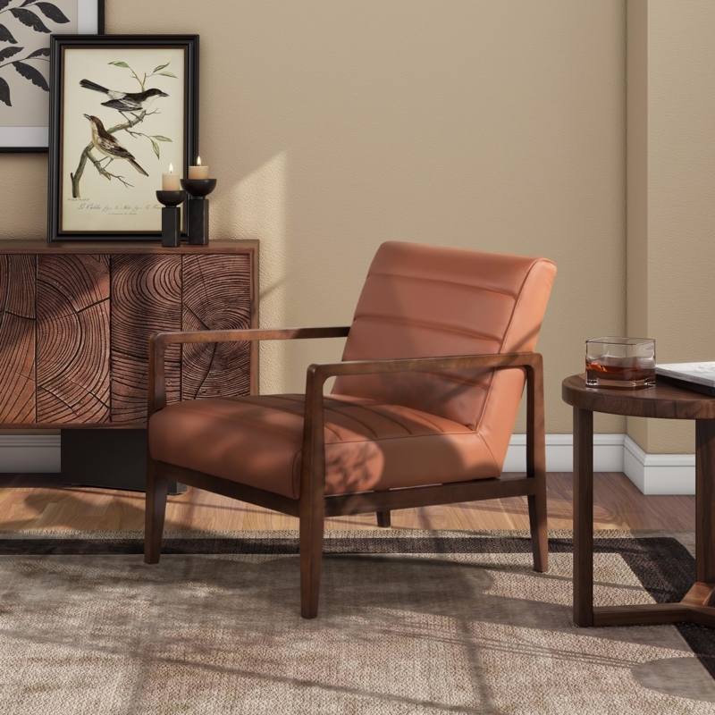 Cognac Leather Accent Chair with Curved Wrap Around Back