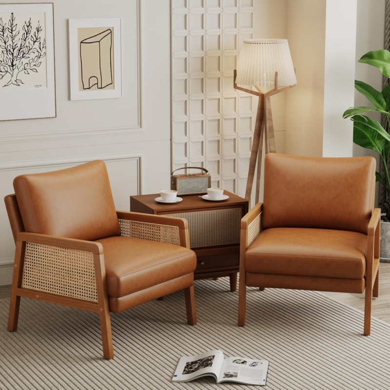 Cognac Leather Chair with Rattan Arms Mid-Century Modern Bohemian