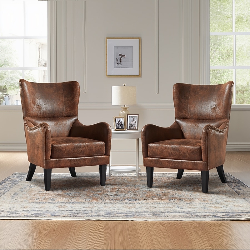 Cognac Leather Like Accent Chairs with Channel Stitching and Metal Legs