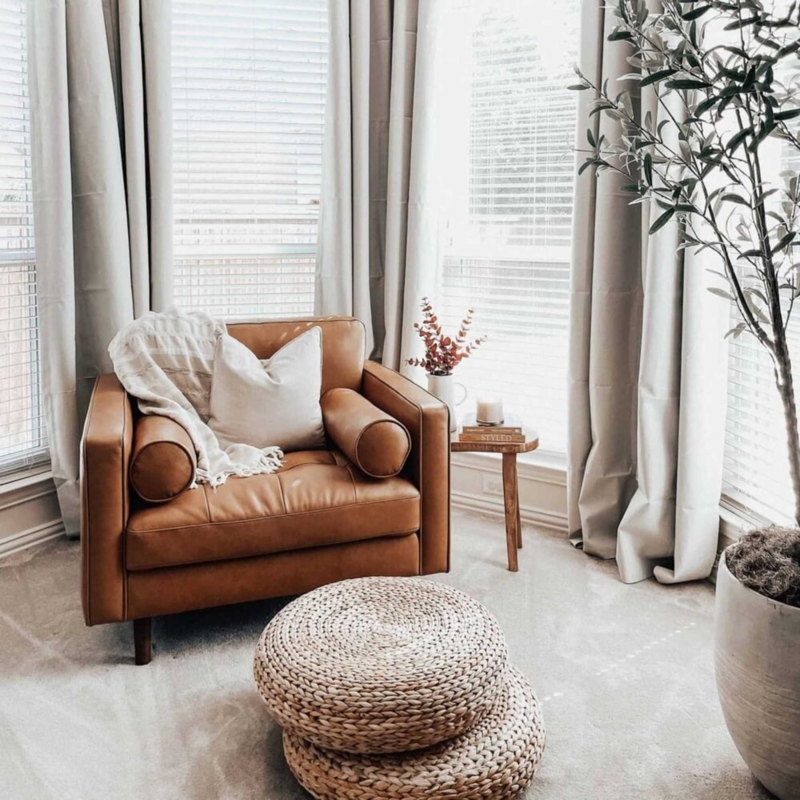 Cognac Leather-Like Chair, Mid-Century Style with Button Tufting