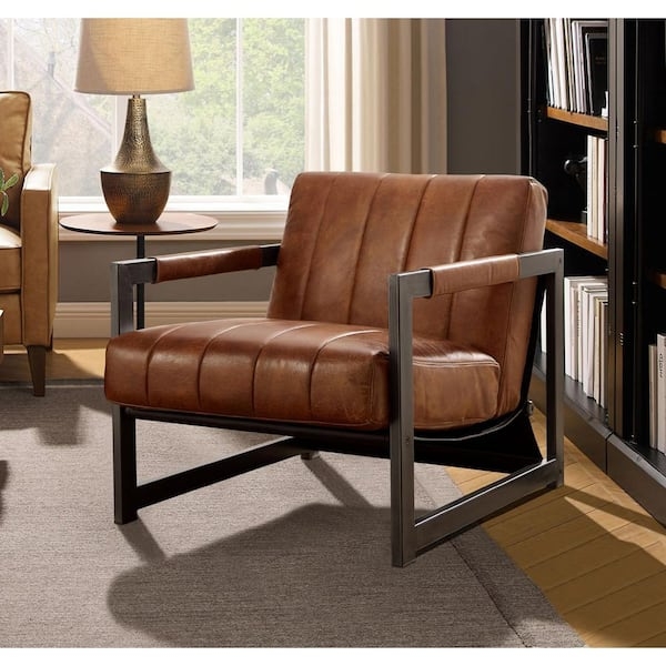 Cognac Leather Swivel Armchair Four-Star Base Curved Silhouette