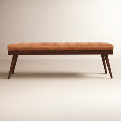 Cognac Tufted Bench, Mid-Century Tapered Splayed Legs, Wood Tone