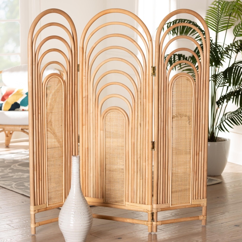 Concentric Arches Room Divider Woven Cane Mesh Rattan Screen Natural