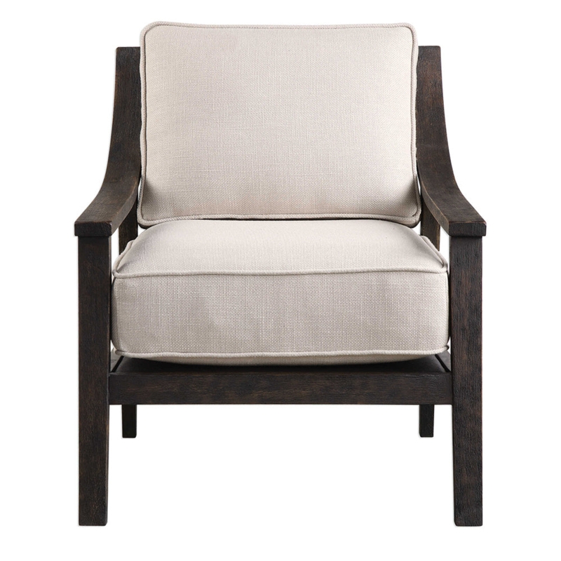 Contemporary Accent Chair with Open Back and Curved Wood Arms.
