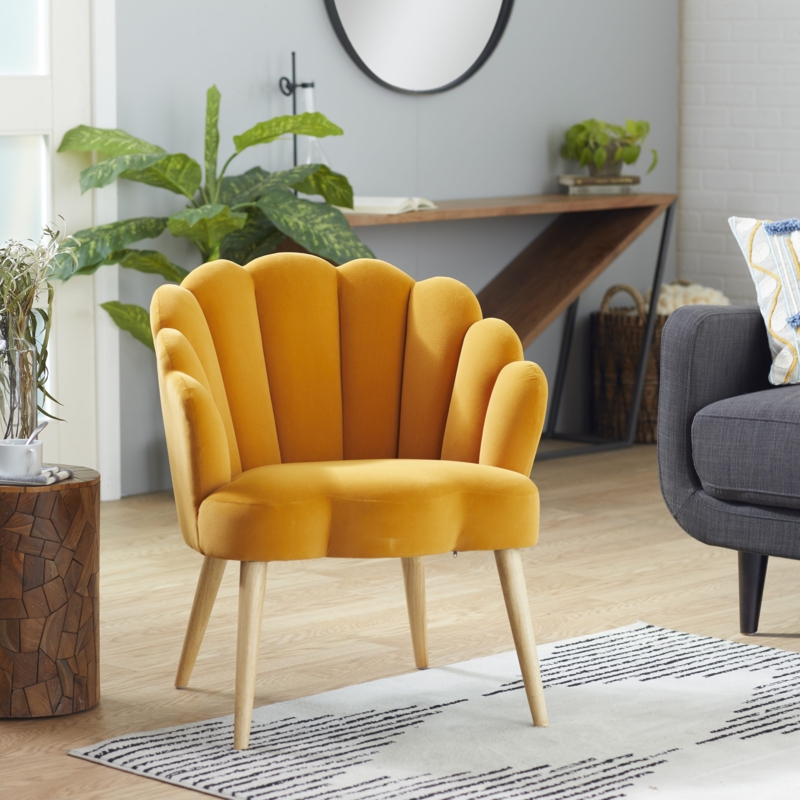Contemporary Accent Chair with Scalloped Back and Polished Gold Legs