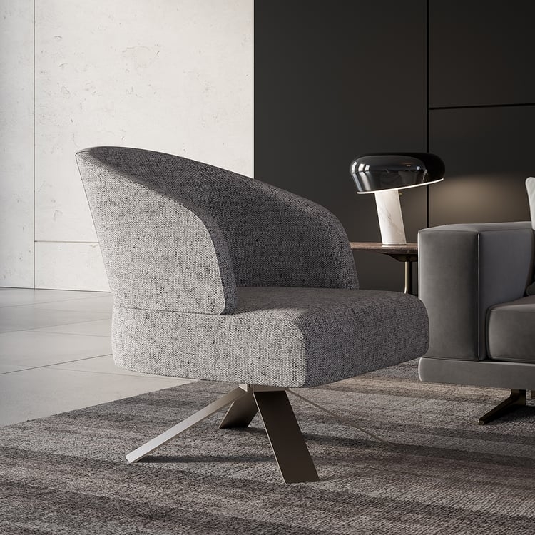 Contemporary Armchair Polished Silver Metal Cross Base Curved Silhouette