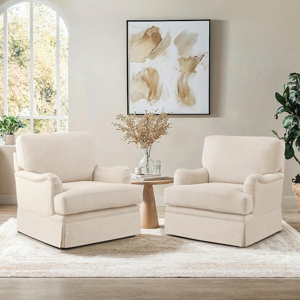 Contemporary Barrel Armchairs Set of 2 Textured Linen 360 Swivel Base