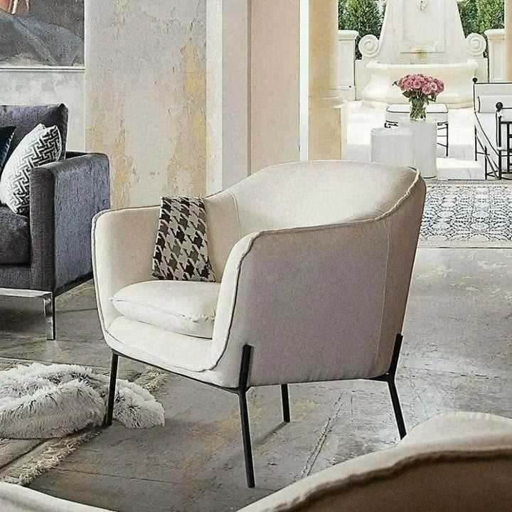 Contemporary Barrel Back Armchair with Black Metal Legs
