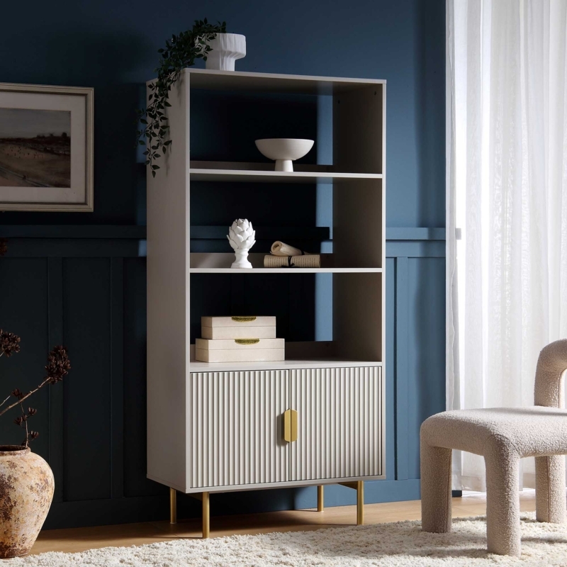 Contemporary Bookcase Matte Taupe Ridged Texture Gold Accents