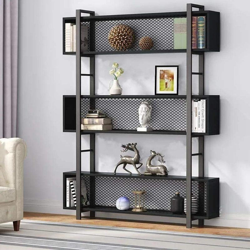 Contemporary Etagere Bookshelf, Black Mesh Sides & Walnut Tiers