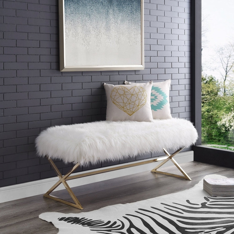 Contemporary Faux Fur Bench Polished Gold X-Leg Base