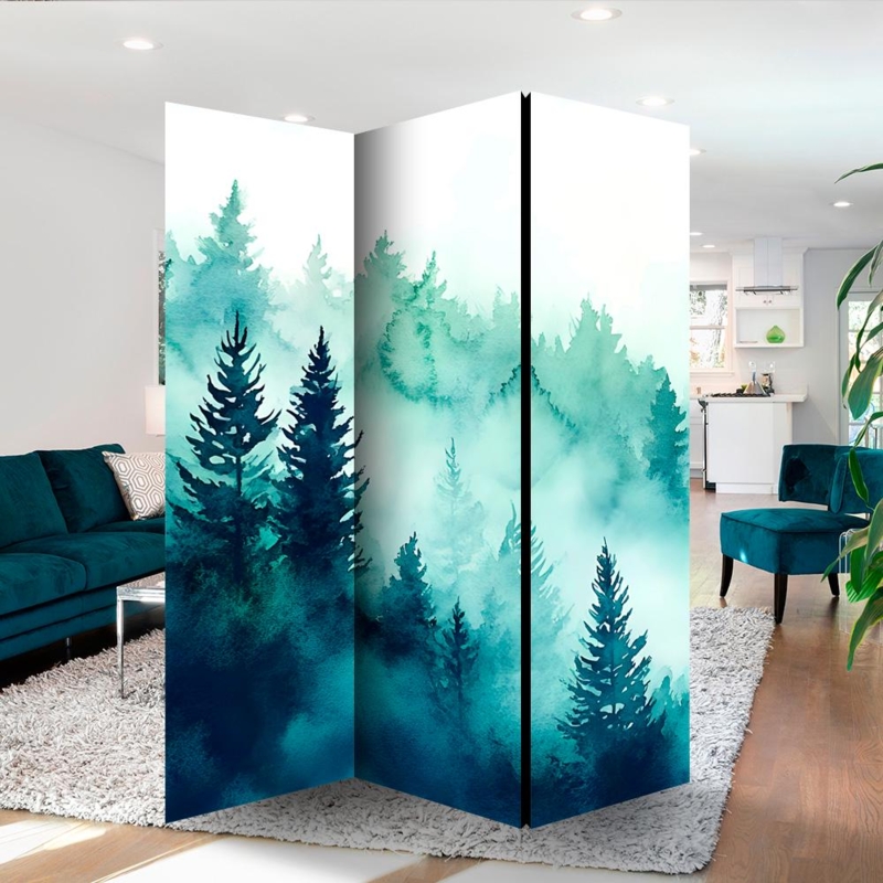 Contemporary Folding Room Divider with Teal Watercolor Forest Print