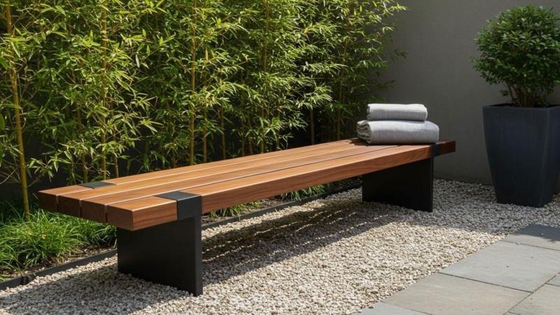 Contemporary Garden Bench Architectural White Base Wood Slats