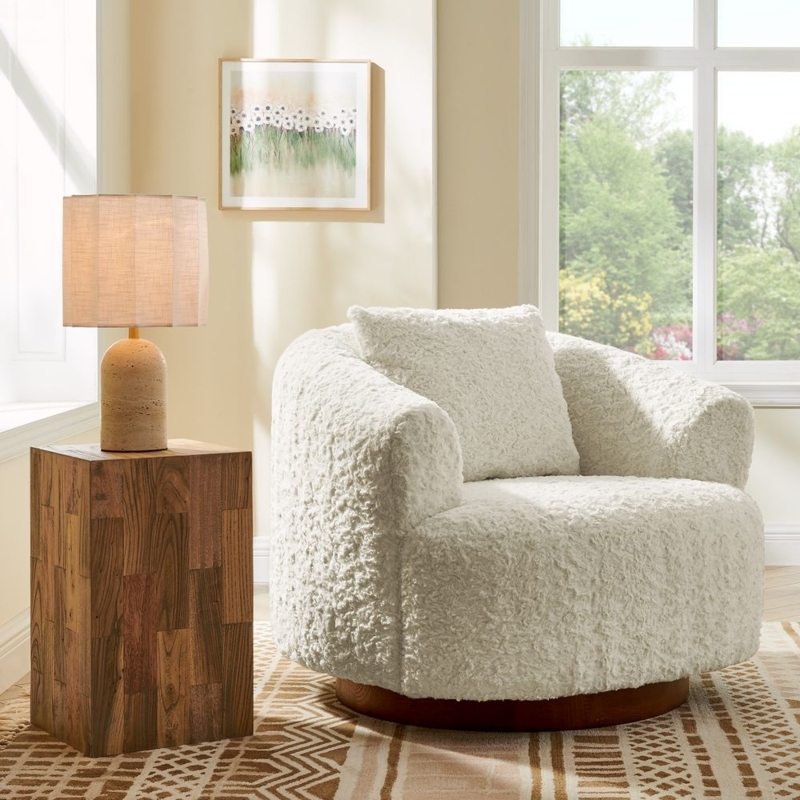 Contemporary Swivel Accent Chair in Ivory Bouclé with Wood Base