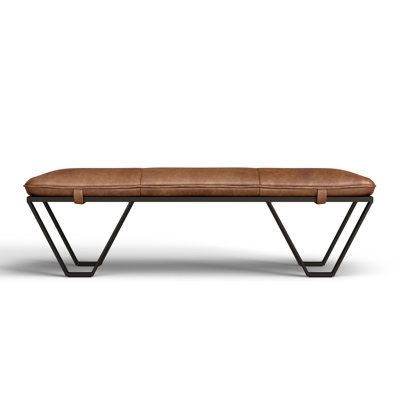 Contemporary Tan Upholstered Bench with Geometric Trapezoidal Legs