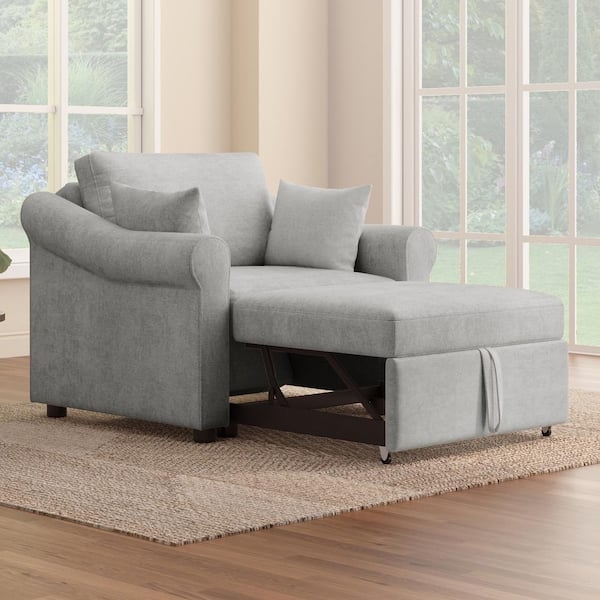 Convertible Chair in Gray Chenille with Side Pocket for Small Space