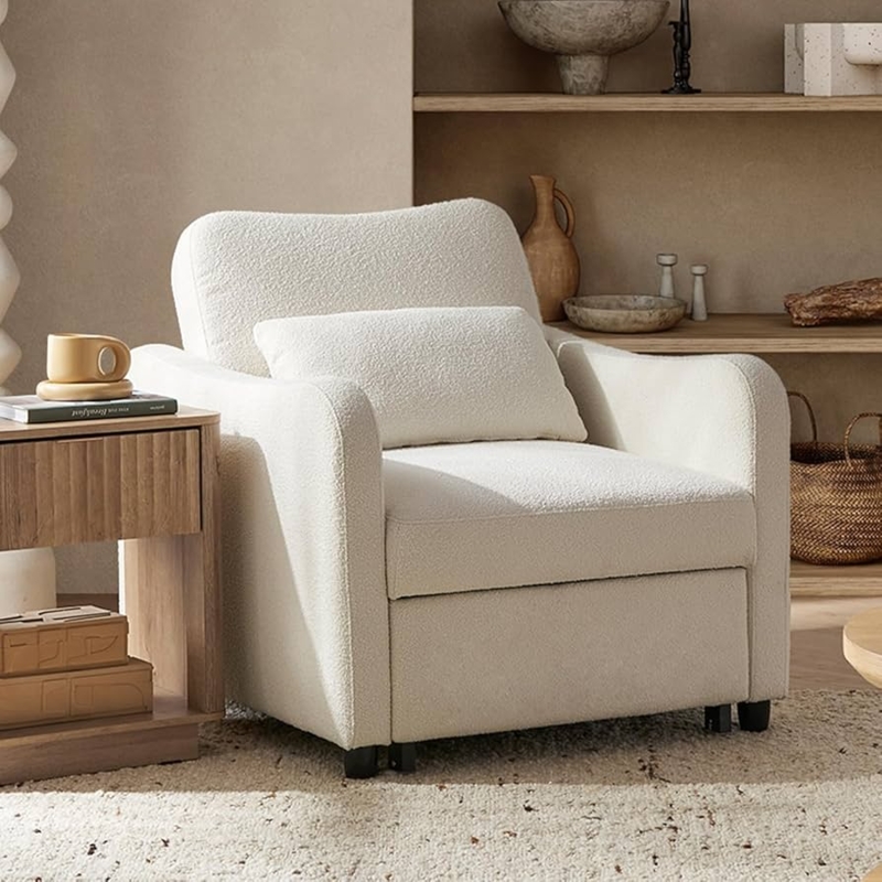 Convertible Sleeper Chair in Pearl White Boucle Fabric for Small Spaces